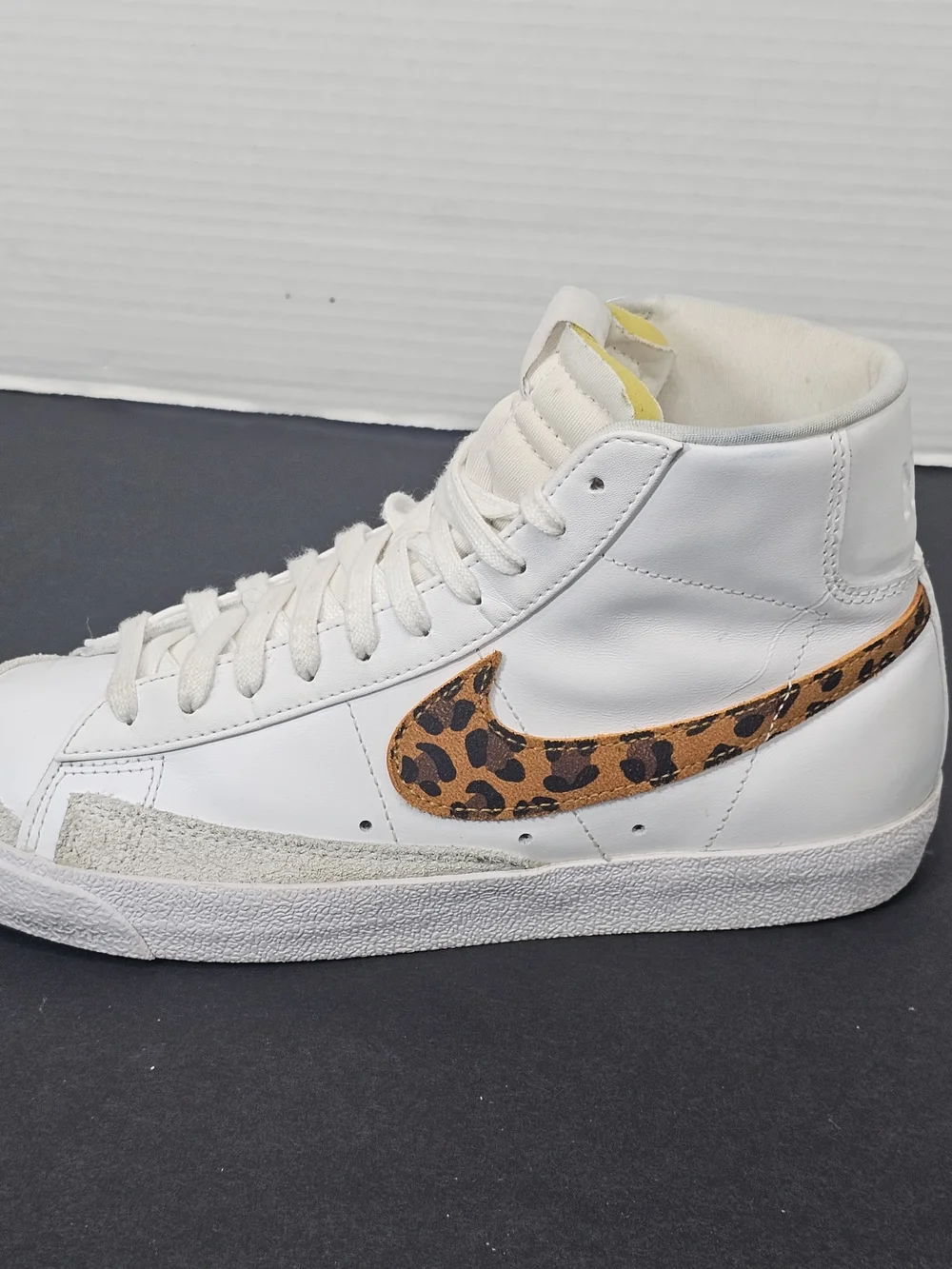 Nike White High-Top Sneaker with Leopard-Print Swoosh Womens Sz 9 White